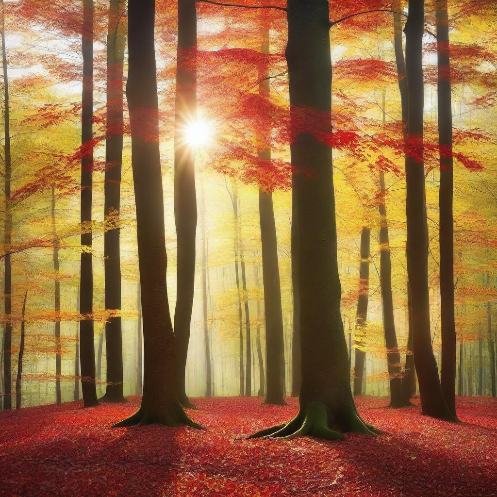 A serene forest with the sun gently shining through the leaves, casting a warm glow