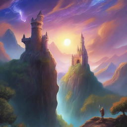 A majestic fantasy realm with towering castles, mystical forests, and a powerful wizard king standing on a cliff overlooking his kingdom