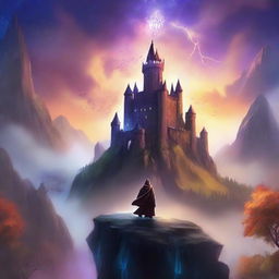 A majestic fantasy realm with towering castles, mystical forests, and a powerful wizard king standing on a cliff overlooking his kingdom