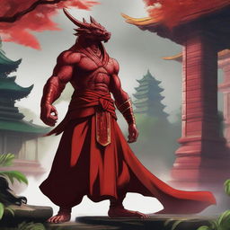 A fierce red draconid warrior monk, standing tall with a determined expression