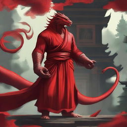 A fierce red draconid warrior monk, standing tall with a determined expression