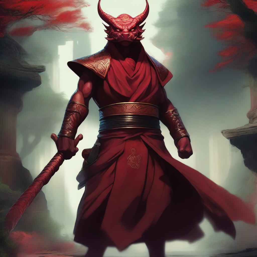 A fierce red draconid warrior monk, standing tall with a determined expression