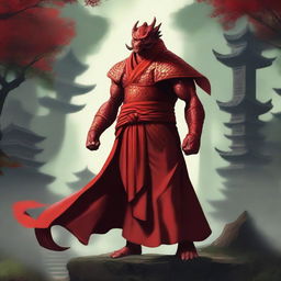 A fierce red draconid warrior monk, standing tall with a determined expression