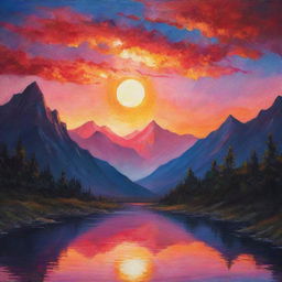 A vibrant portrayal of a mystic sunset over a tranquil mountain range.