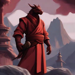 A powerful red dragonborn monk standing in a serene meditative pose