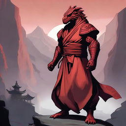 A powerful red dragonborn monk standing in a serene meditative pose