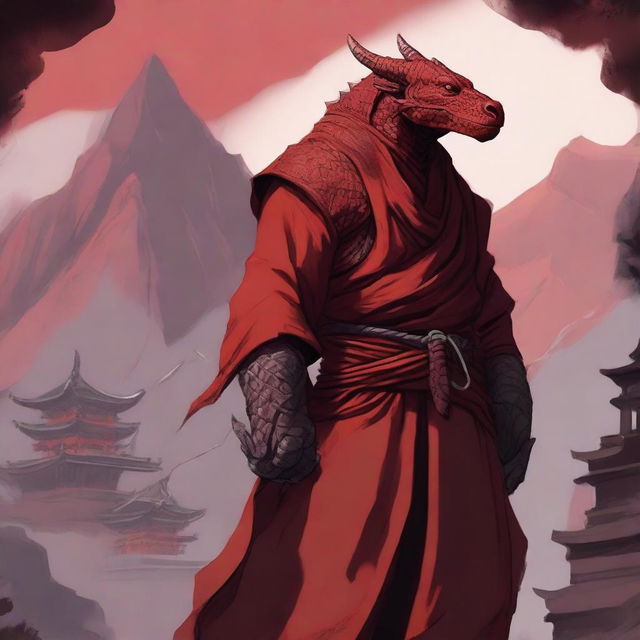 A powerful red dragonborn monk standing in a serene meditative pose