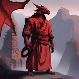 A powerful red dragonborn monk standing in a serene meditative pose