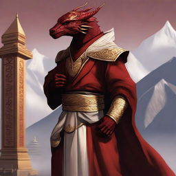 A powerful red dragonborn monk standing in a serene meditative pose