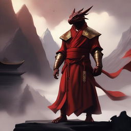 A powerful red dragonborn monk standing in a serene meditative pose