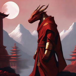 A powerful red dragonborn monk standing in a serene meditative pose