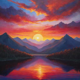 A vibrant portrayal of a mystic sunset over a tranquil mountain range.