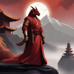 A powerful red dragonborn monk standing in a serene meditative pose