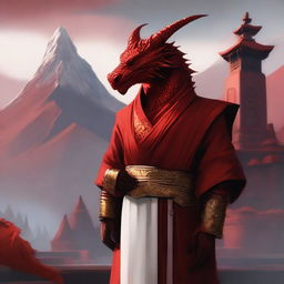 A majestic red dragonborn who is a monk, standing in a serene meditative pose