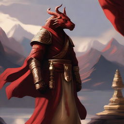 A majestic red dragonborn who is a monk, standing in a serene meditative pose