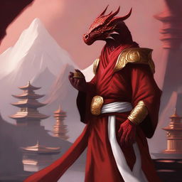 A majestic red dragonborn who is a monk, standing in a serene meditative pose