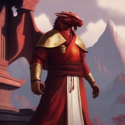 A majestic red dragonborn who is a monk, standing in a serene meditative pose