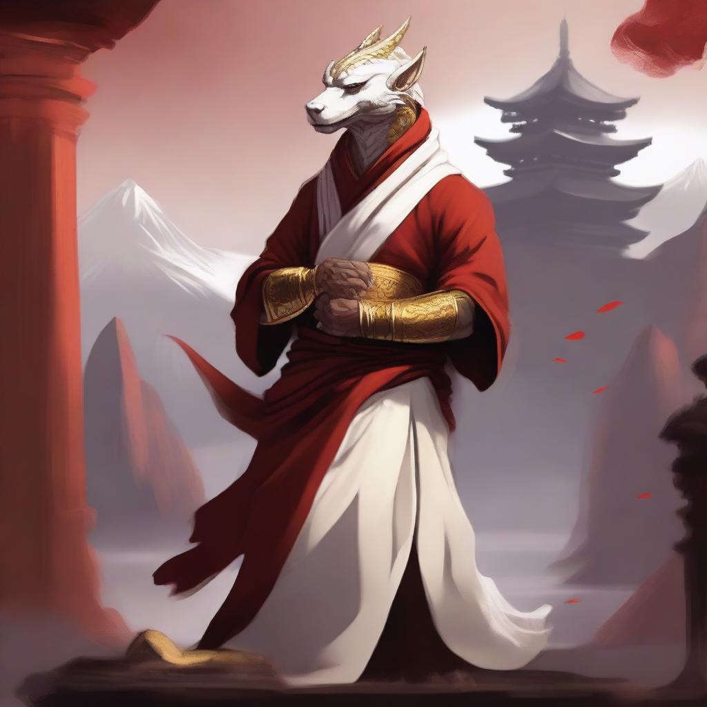 A serene monk with white and golden clothing, who is a red dragonborn