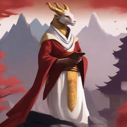 A serene monk with white and golden clothing, who is a red dragonborn