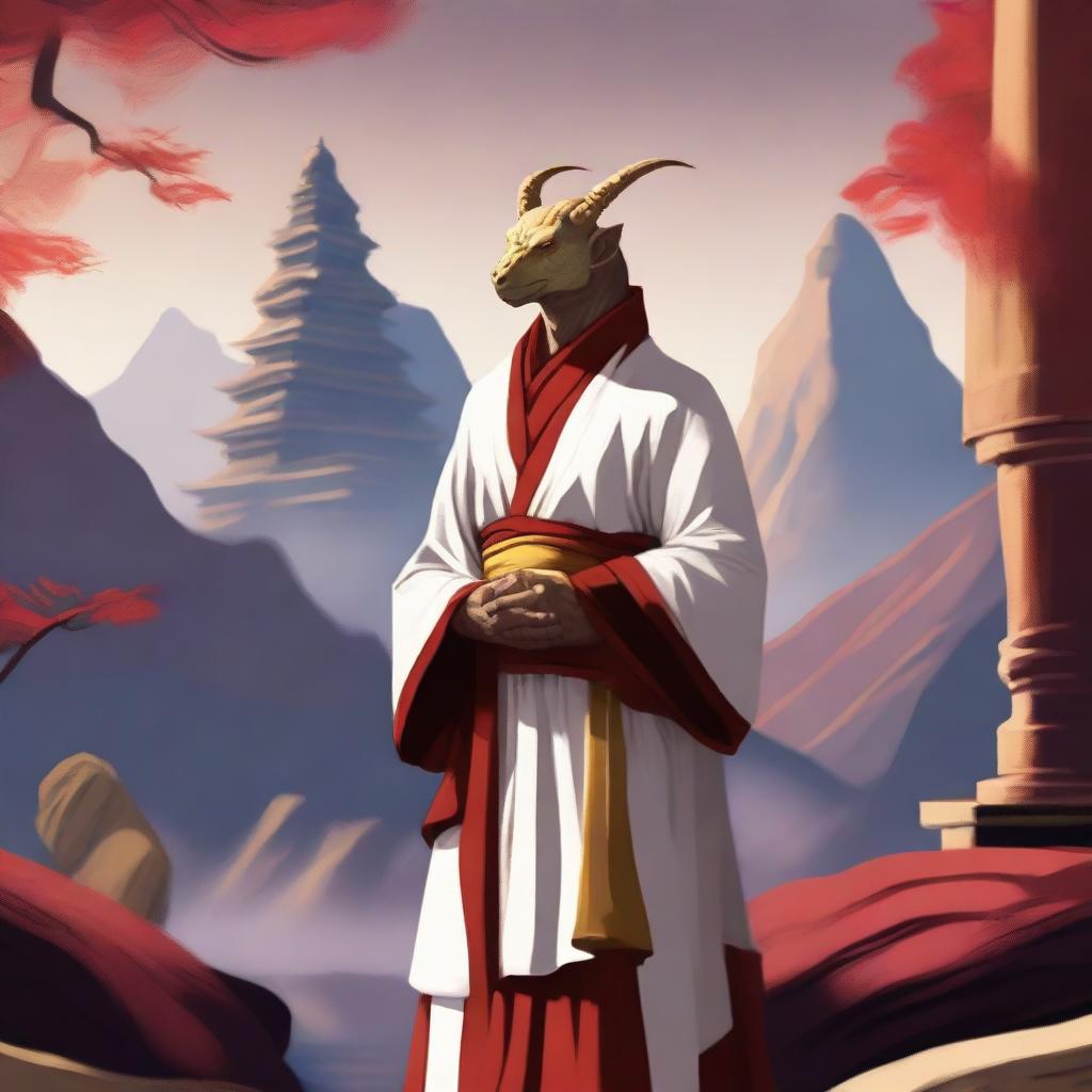 A serene monk with white and golden clothing, who is a red dragonborn