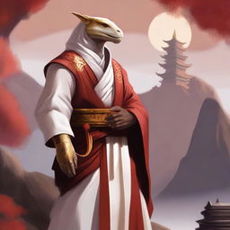 A serene monk with white and golden clothing, who is a red-scaled dragonborn