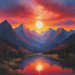 A vibrant portrayal of a mystic sunset over a tranquil mountain range.