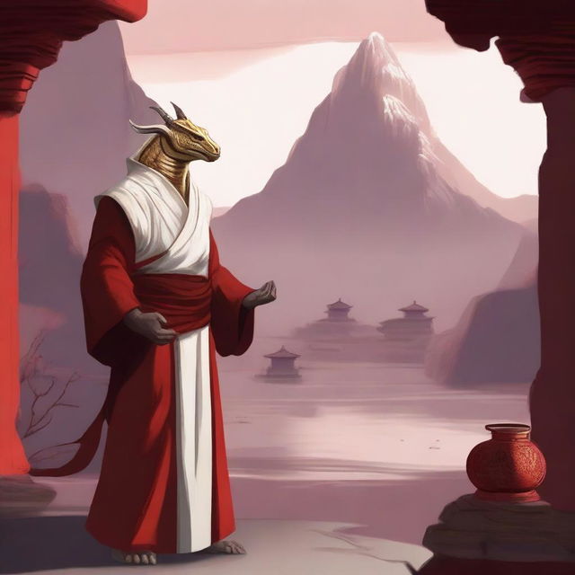 A serene monk with white and golden clothing, who is a red-scaled dragonborn