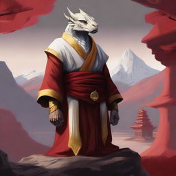 A serene monk with white and golden clothing, who is a red-scaled dragonborn