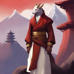 A serene monk with white and golden clothing, who is a red-scaled dragonborn