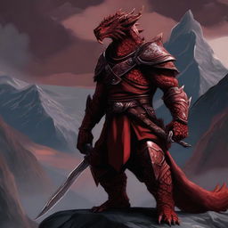 A detailed depiction of a red dragonborn