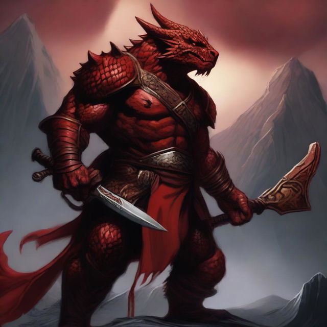 A detailed depiction of a red dragonborn