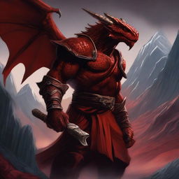 A detailed depiction of a red dragonborn