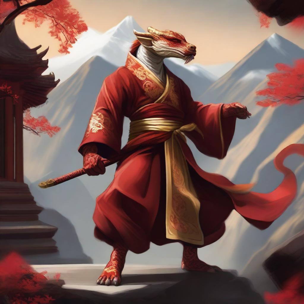 A powerful red dragonborn kung fu monk dressed in elegant white and golden robes