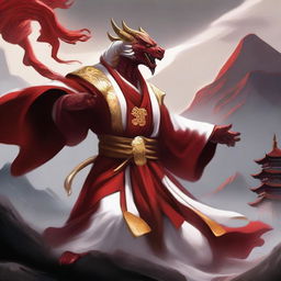 A powerful red dragonborn kung fu monk dressed in elegant white and golden robes