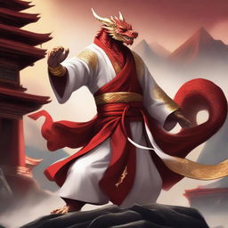 A powerful red dragonborn kung fu monk dressed in elegant white and golden robes