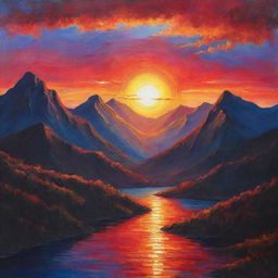 A vibrant portrayal of a mystic sunset over a tranquil mountain range.