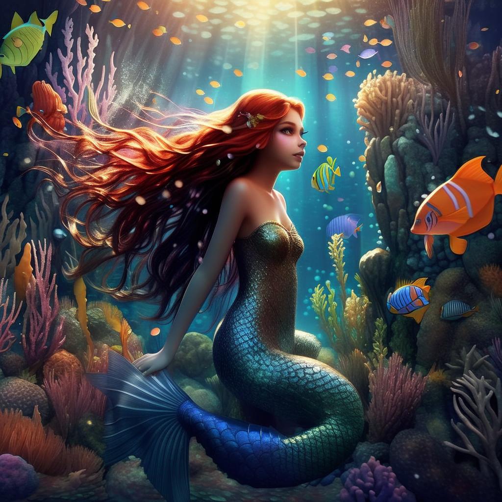 A teenage mermaid with long, shimmering hair, a vibrant, sparkling tail, while swimming amongst colorful underwater creatures and plants in a serene oceanic setting.