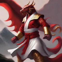 A powerful red dragonborn kung fu monk dressed in elegant white and golden robes