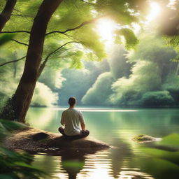 A serene image depicting a person meditating in a tranquil natural setting, surrounded by lush greenery and a calm river