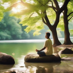 A serene image depicting a person meditating in a tranquil natural setting, surrounded by lush greenery and a calm river