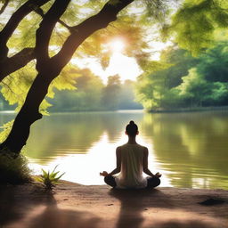 A serene image depicting a person meditating in a tranquil natural setting, surrounded by lush greenery and a calm river