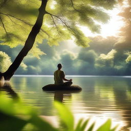 A serene image depicting a person meditating in a tranquil natural setting, surrounded by lush greenery and a calm river