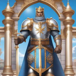 A noble paladin with tan skin, dressed in shining armor adorned with intricate designs