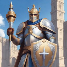 A noble paladin with tan skin, dressed in shining armor adorned with intricate designs