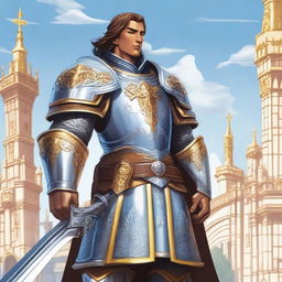 A noble paladin with tan skin, dressed in shining armor adorned with intricate designs