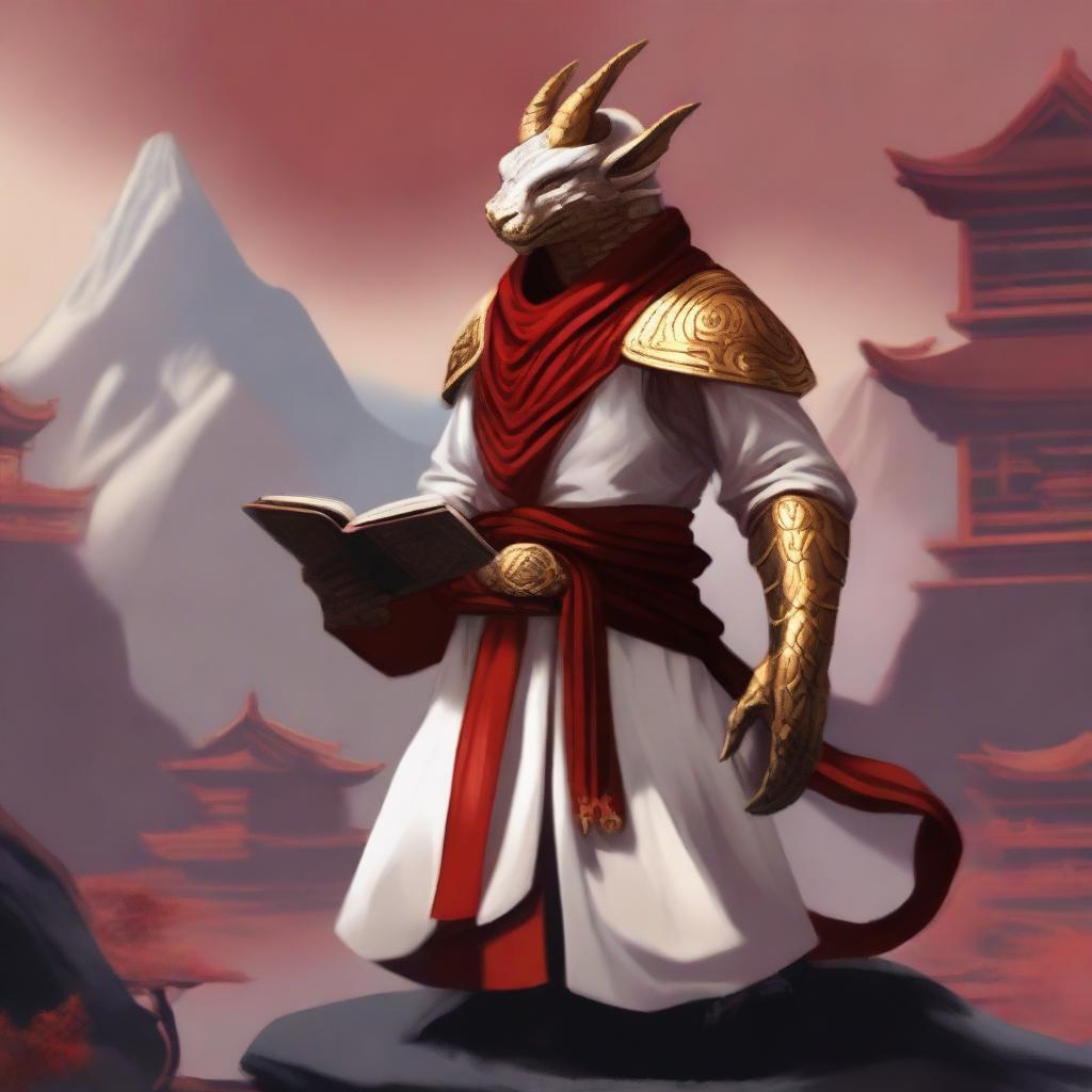 A serene monk with minimal armor, wearing white and golden clothing, who is a red dragonborn