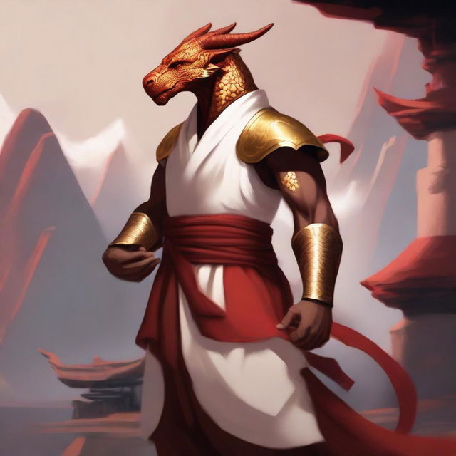 A serene monk with minimal armor, wearing white and golden clothing, who is a red dragonborn