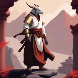 A serene monk with minimal armor, wearing white and golden clothing, who is a red dragonborn