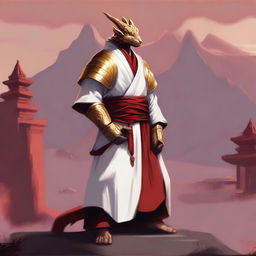 A serene monk with minimal armor, wearing white and golden clothing, who is a red dragonborn