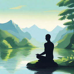 A serene and tranquil scene depicting a strong, solitary figure meditating in a peaceful natural setting